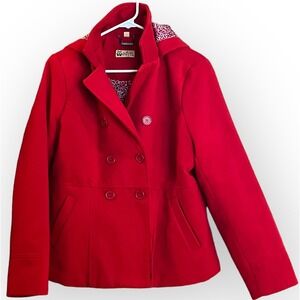 Red Hooded Pea Coat Double Breasted Jacket By Odyn Large/XL Runs A Bit Small